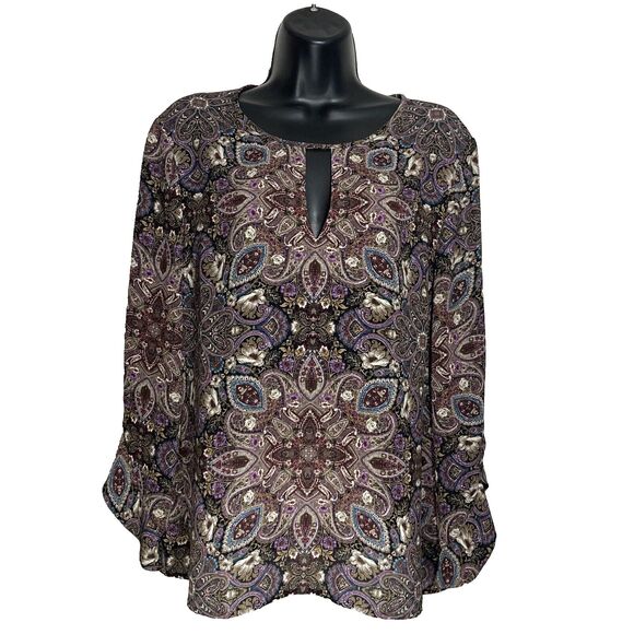 J Jill Top Womens M Petite Floral Bell Sleeve Blouse Keyhole Boho Mosaic Tunic - Picture 1 of 12